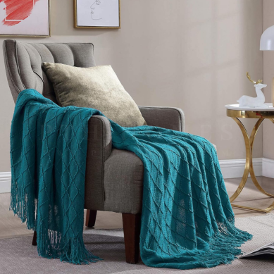 Blue Knitted Tassels Throw Blanket PTH Homes