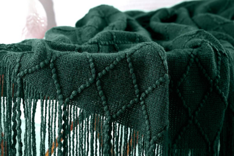 Seaweed Green Knitted Tassels- Throw Blanket