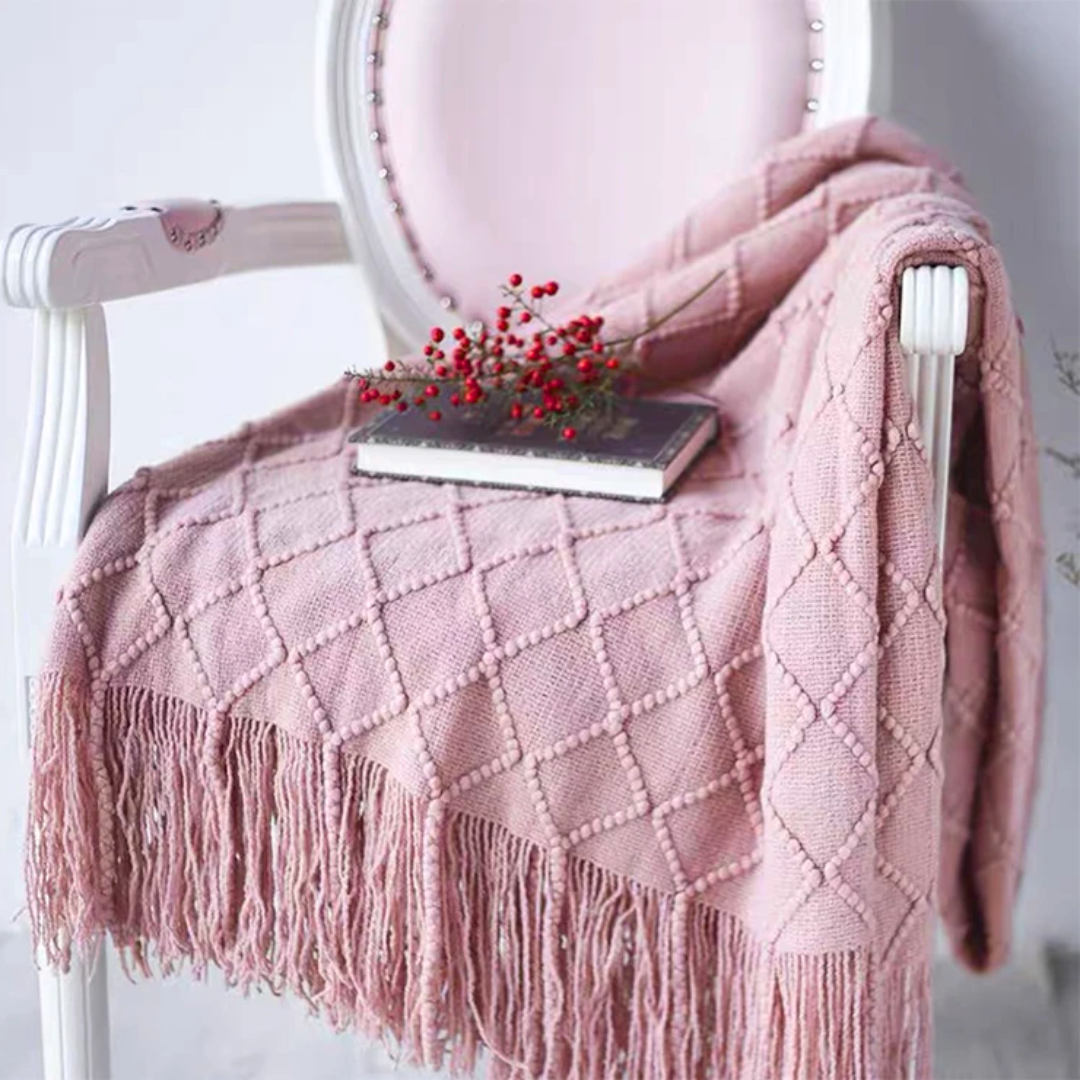 Pink Knitted Tassels Throw Blanket PTH Homes