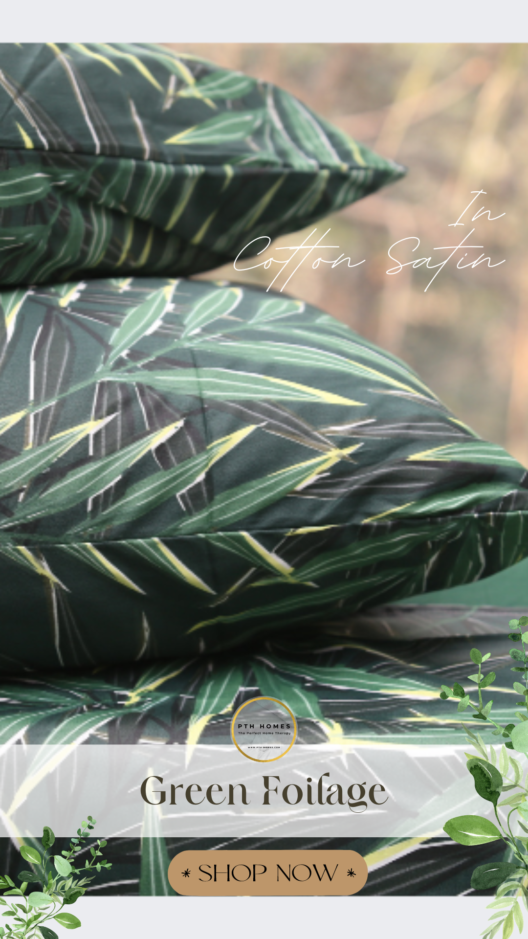 Elevate Your Spring Experience with Green Foliage: Cotton Satin Bedsheets by PTH Homes