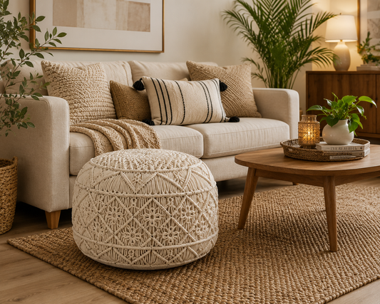 Luxury Off White Macrame Pouf for Modern Homes