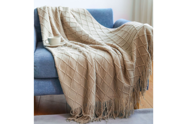 Khaki Knitted Tassels- Throw Blanket