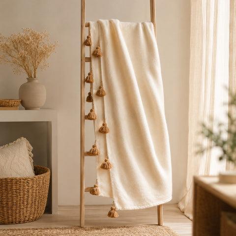 Moroccan - Handmade Tassles Throw (Natural)