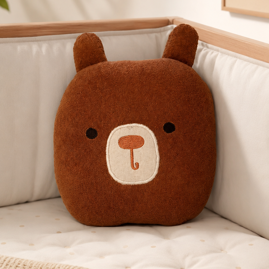 Brown bear-shaped cushion on a white surface with a neutral background