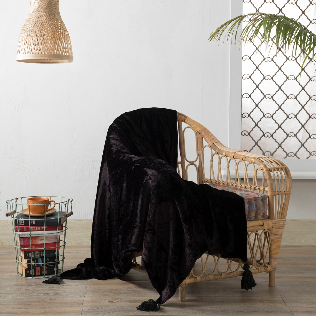 Velvet Tassles - Sofa Throw (Black)