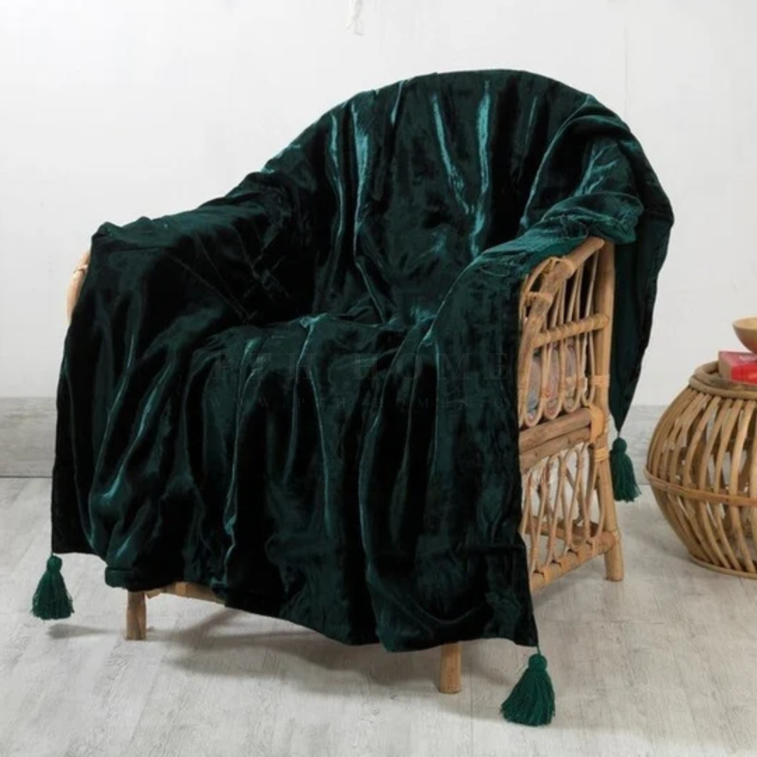 Velvet Tassles - Sofa Throw (Dark Green)