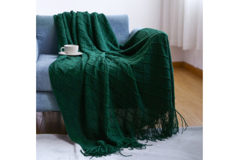 Seaweed Green Knitted Tassels- Throw Blanket