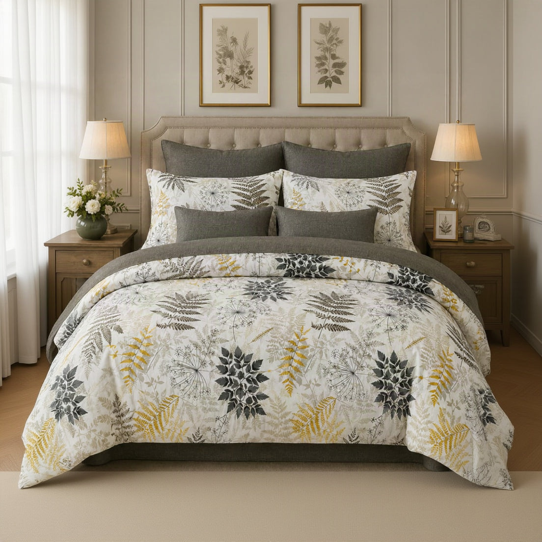 Grey Leaves - Cotton Bed Set