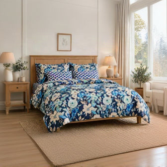 Blue Peach Floral - Cotton Bed Set