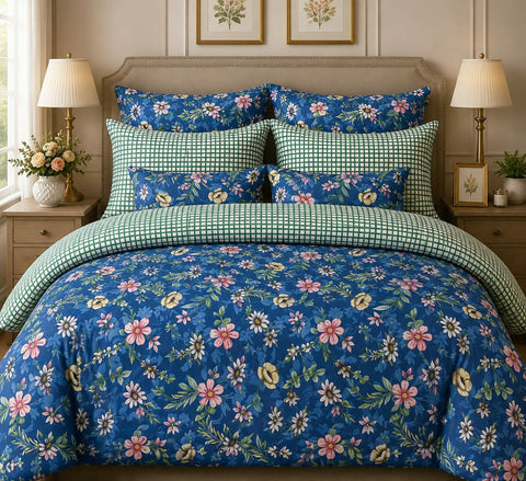 Blue Pink Floral - Cotton Bed Set