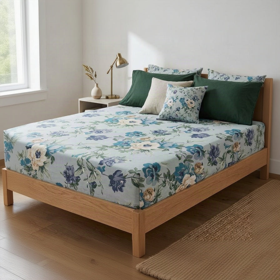 Blue Floral - Cotton Bed Set