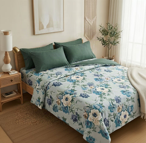 Blue Floral - Cotton Bed Set