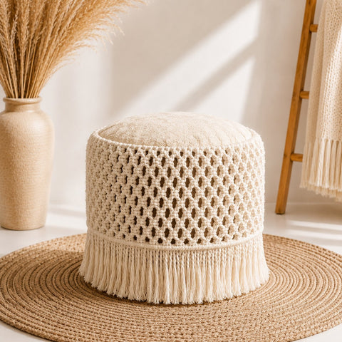 Macrame Pouf - Offwhite
