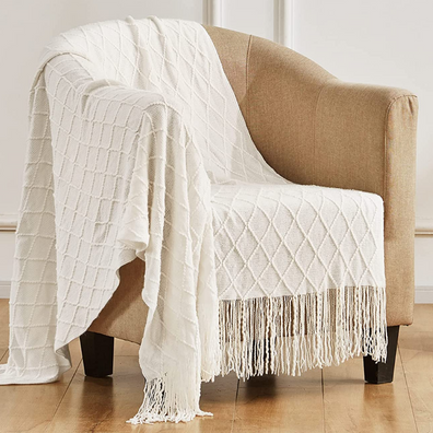 White Knitted Tassels- Throw Blanket